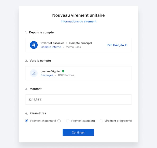Image montrant la préparation d’un virement instantané sur l’interface web de Memo Bank.